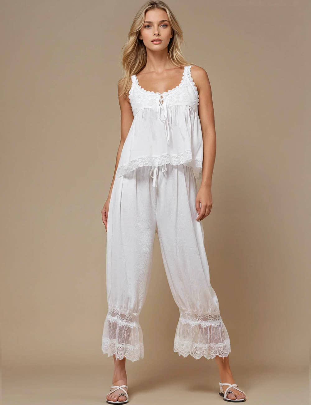 Ladies Elastic Waist Lace String Tie Lantern Pants