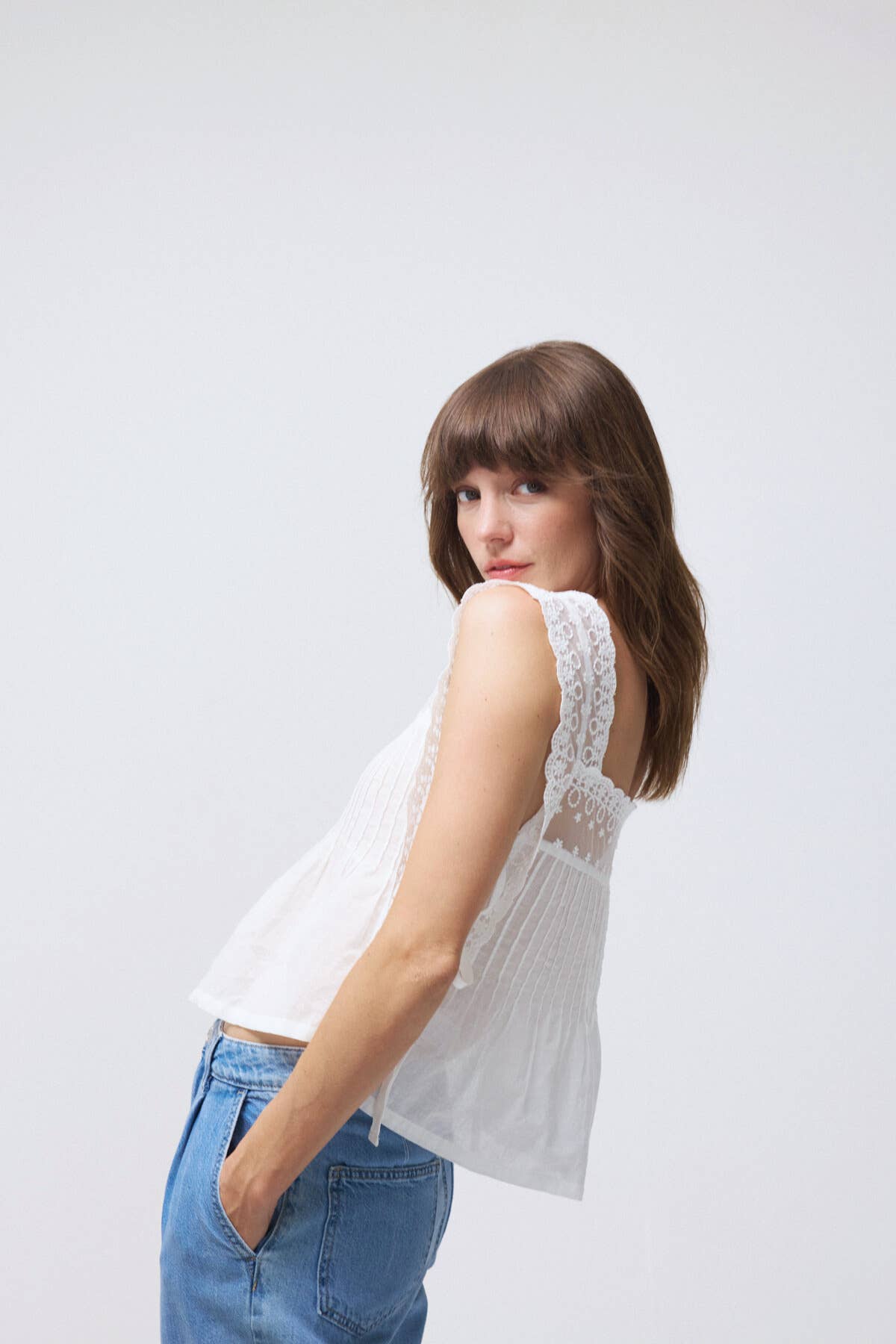 Embroidered Lace Self-Tie Sides Cotton Top