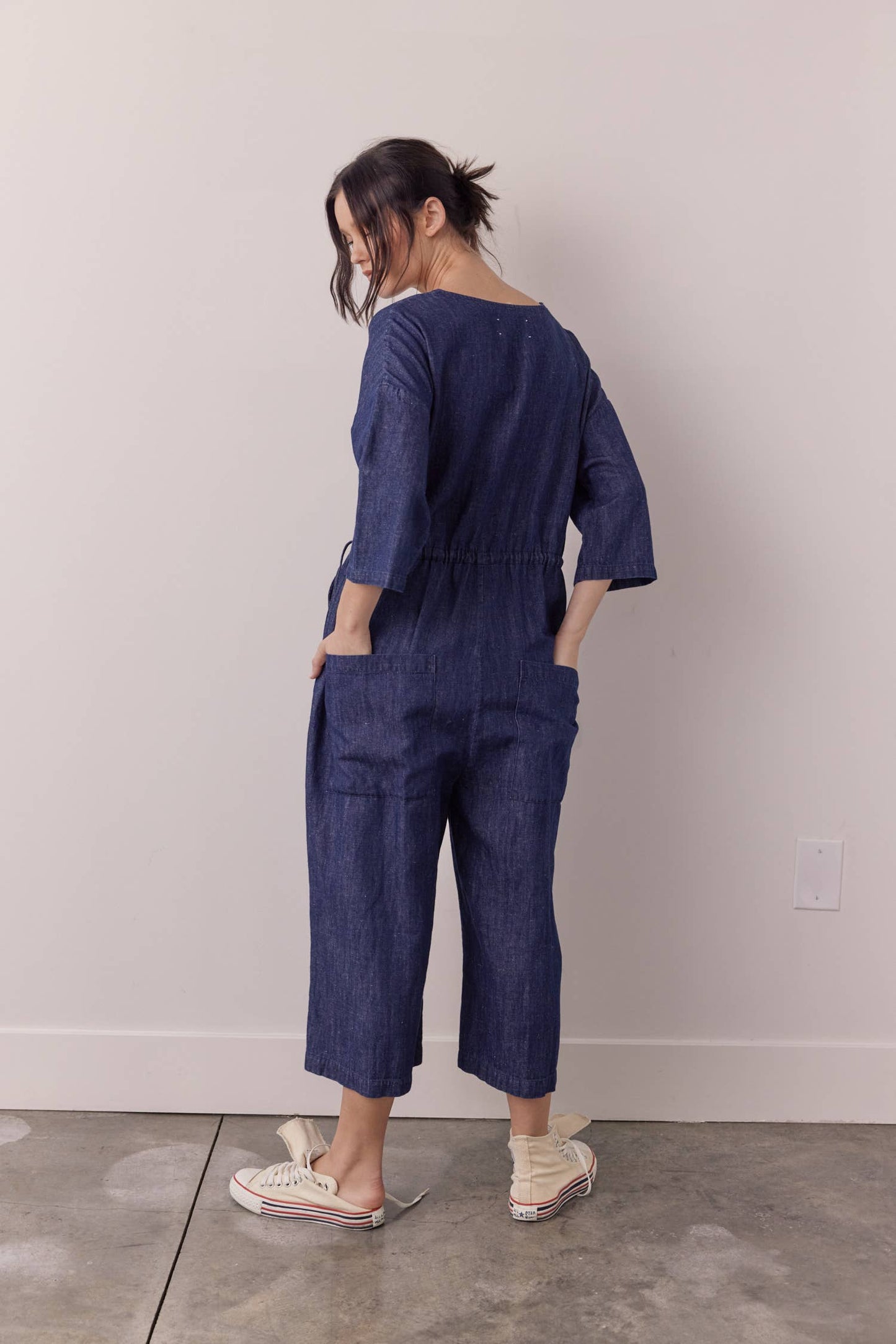 Denim button-down jumpsuit