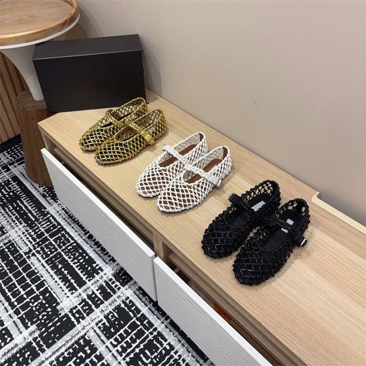 Open Weave T-Strap Mary Jane Flat Sandals