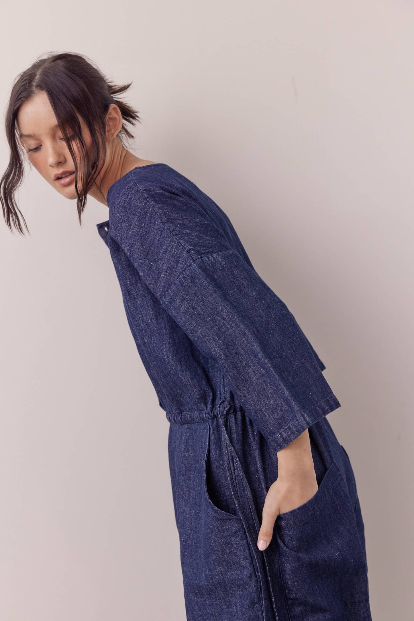 Denim button-down jumpsuit