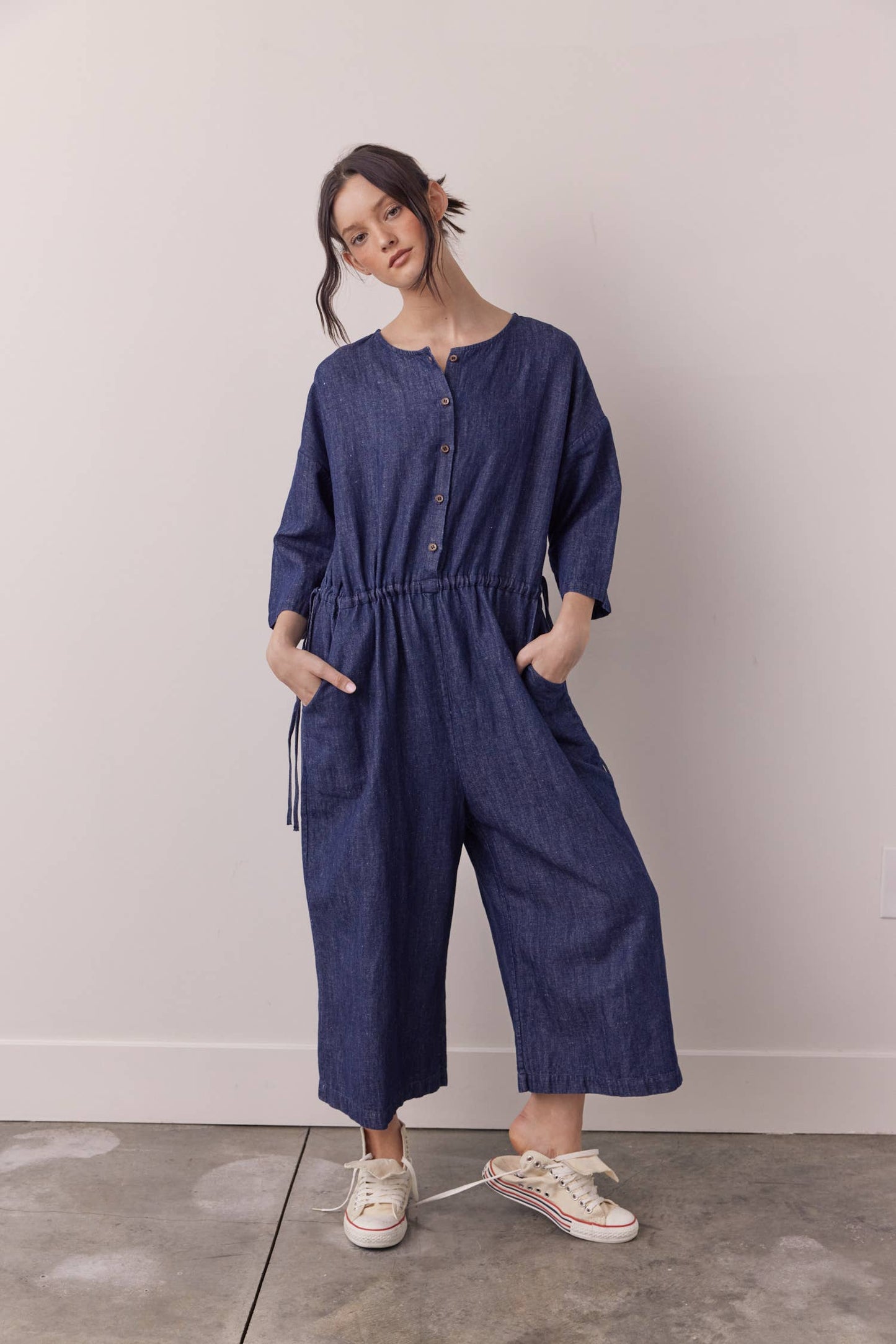 Denim button-down jumpsuit