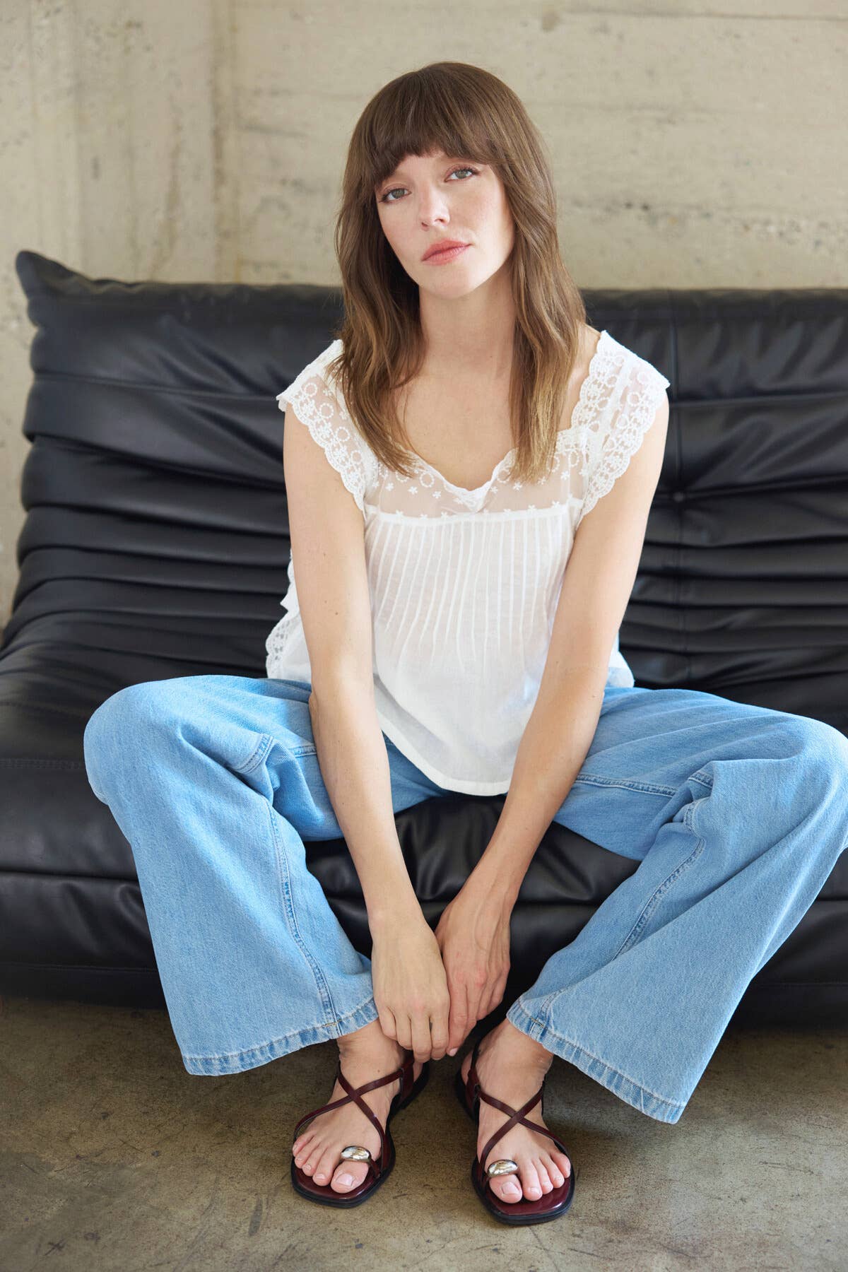 Embroidered Lace Self-Tie Sides Cotton Top