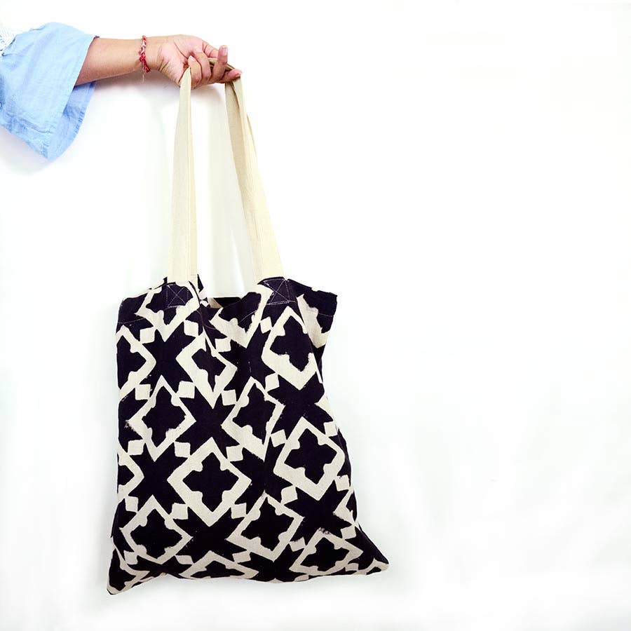 Block Printed Cotton Tote Shoulder Bag - Diamond