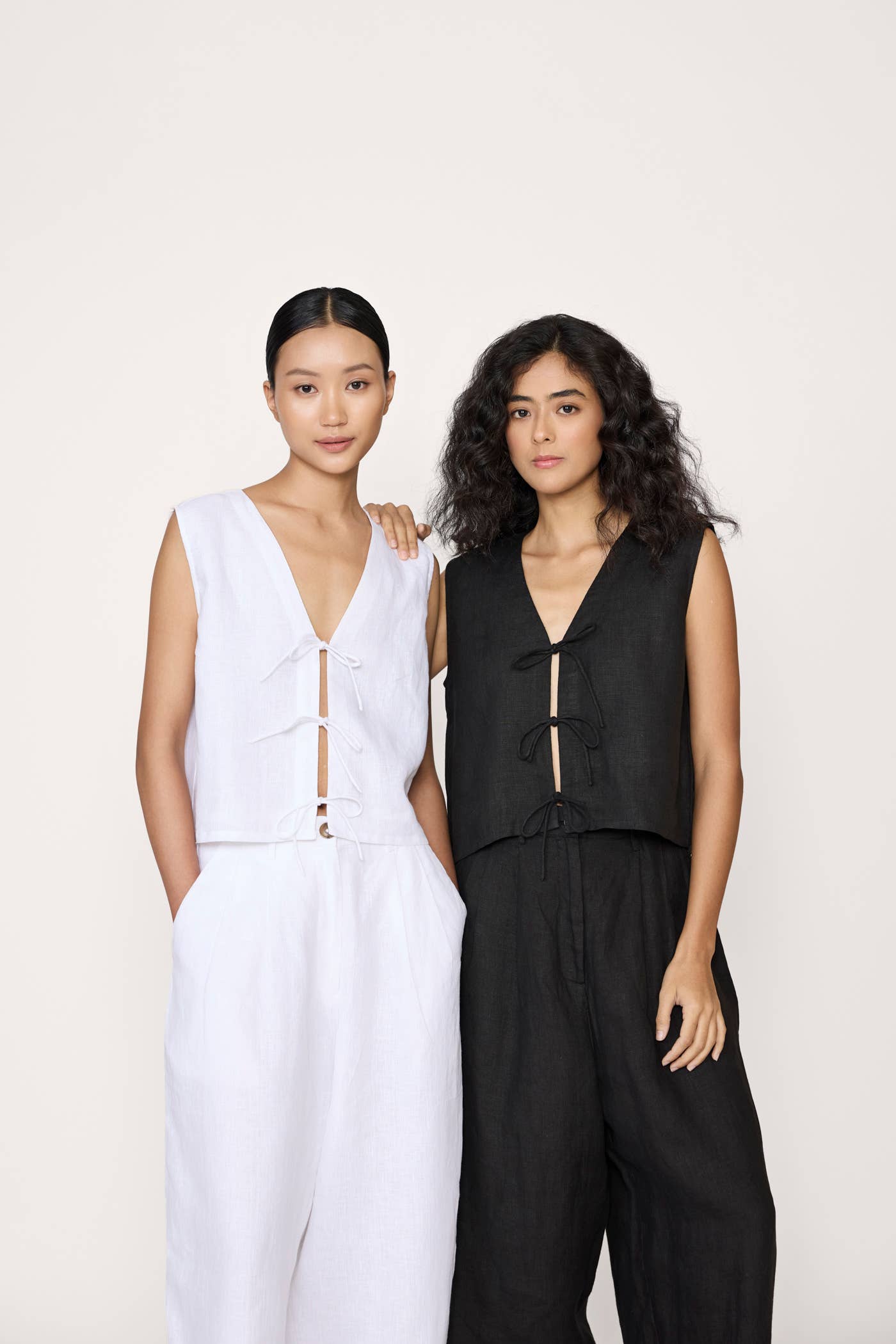 Tie Front Vest - Black Linen