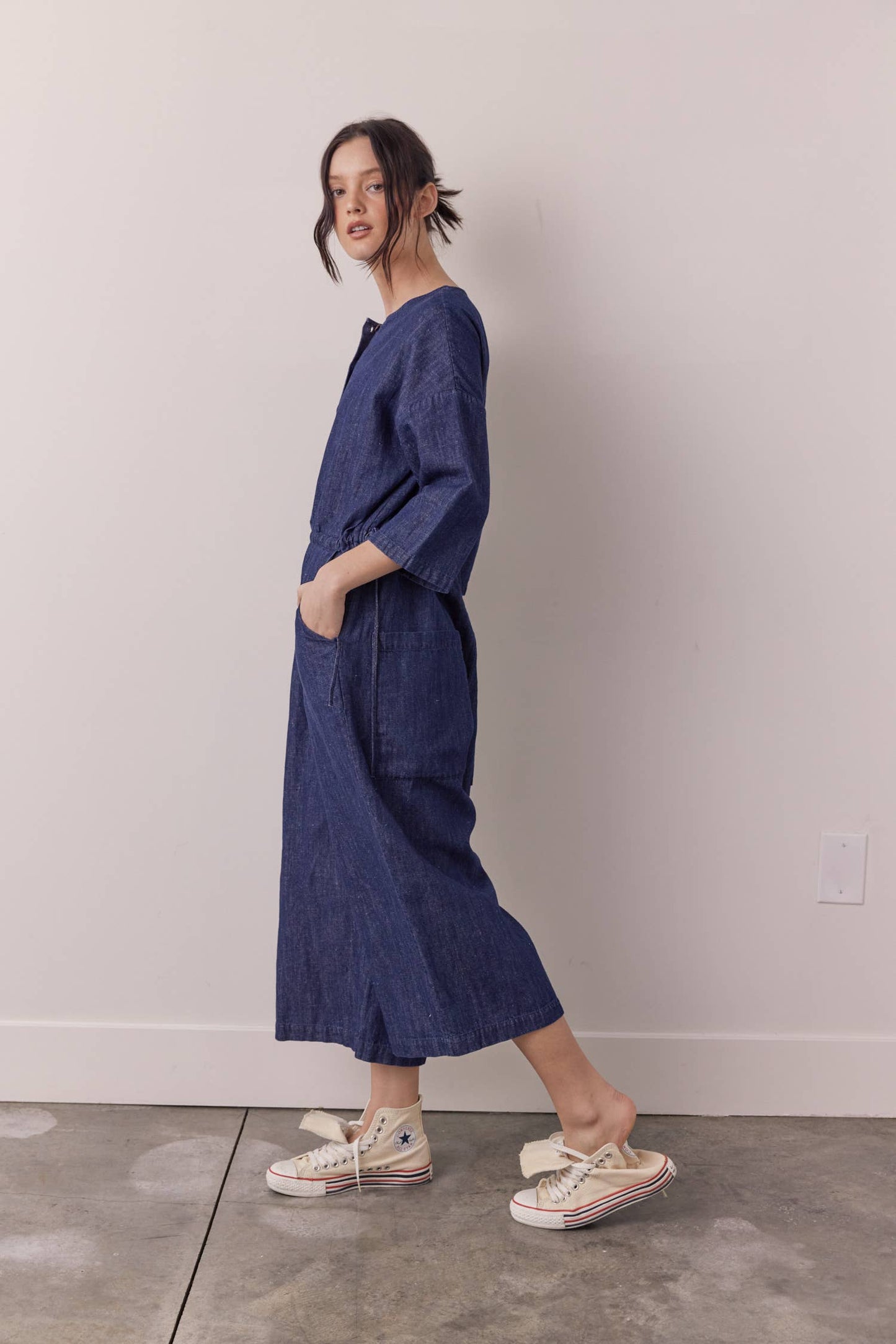 Denim button-down jumpsuit