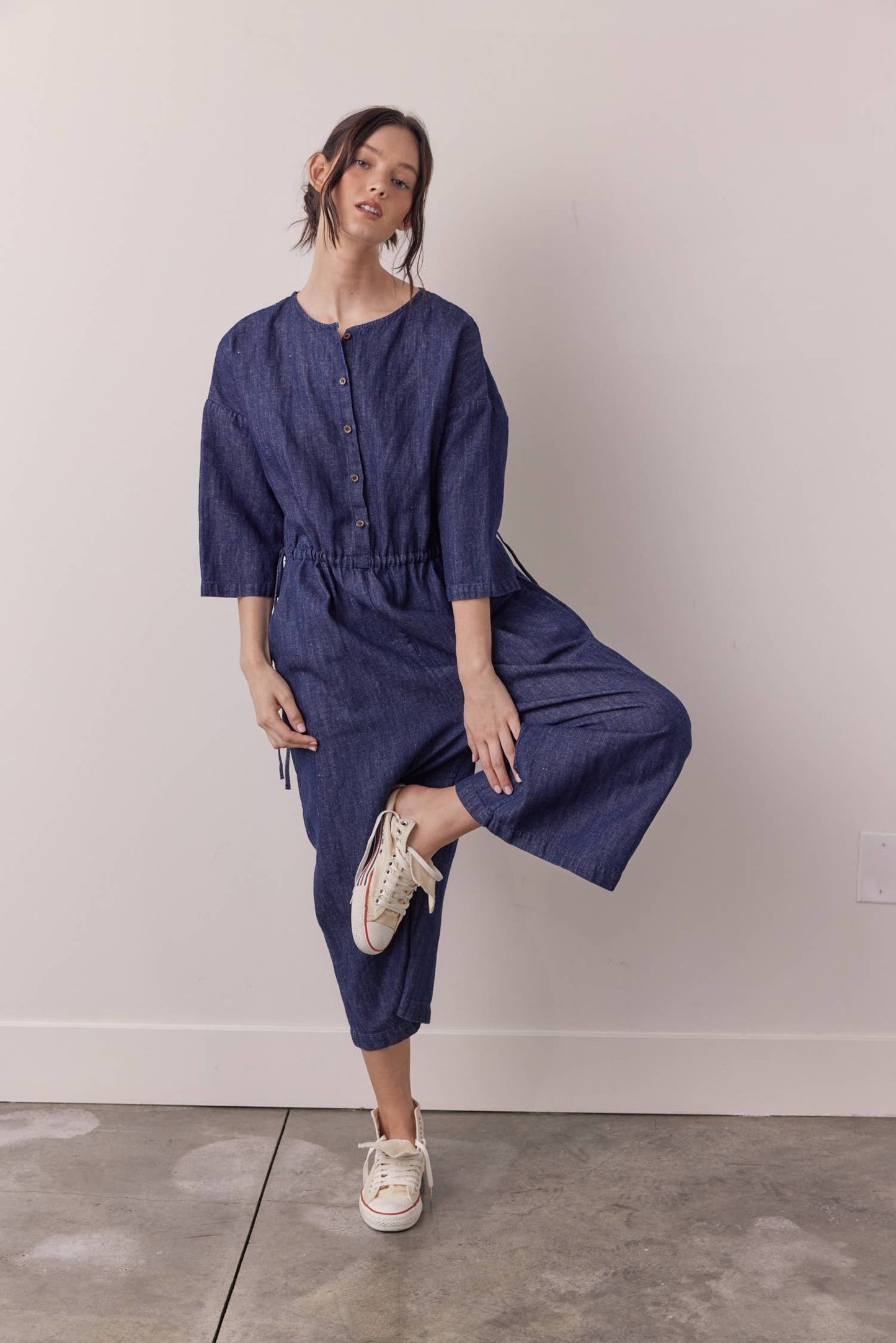 Denim button-down jumpsuit