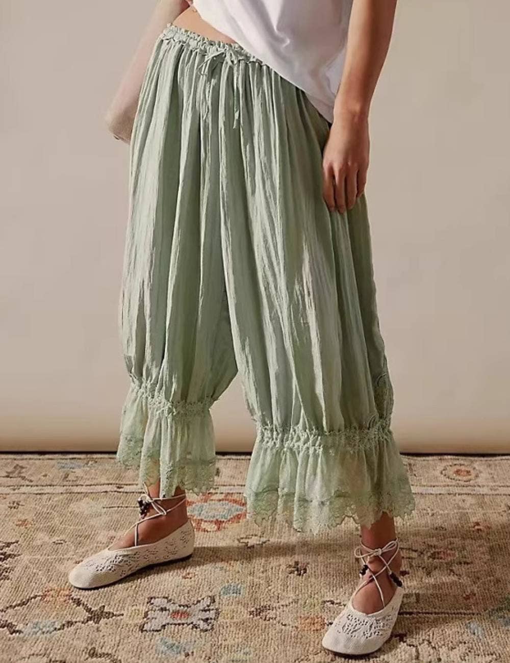 Ladies Elastic Waist Lace String Tie Lantern Pants