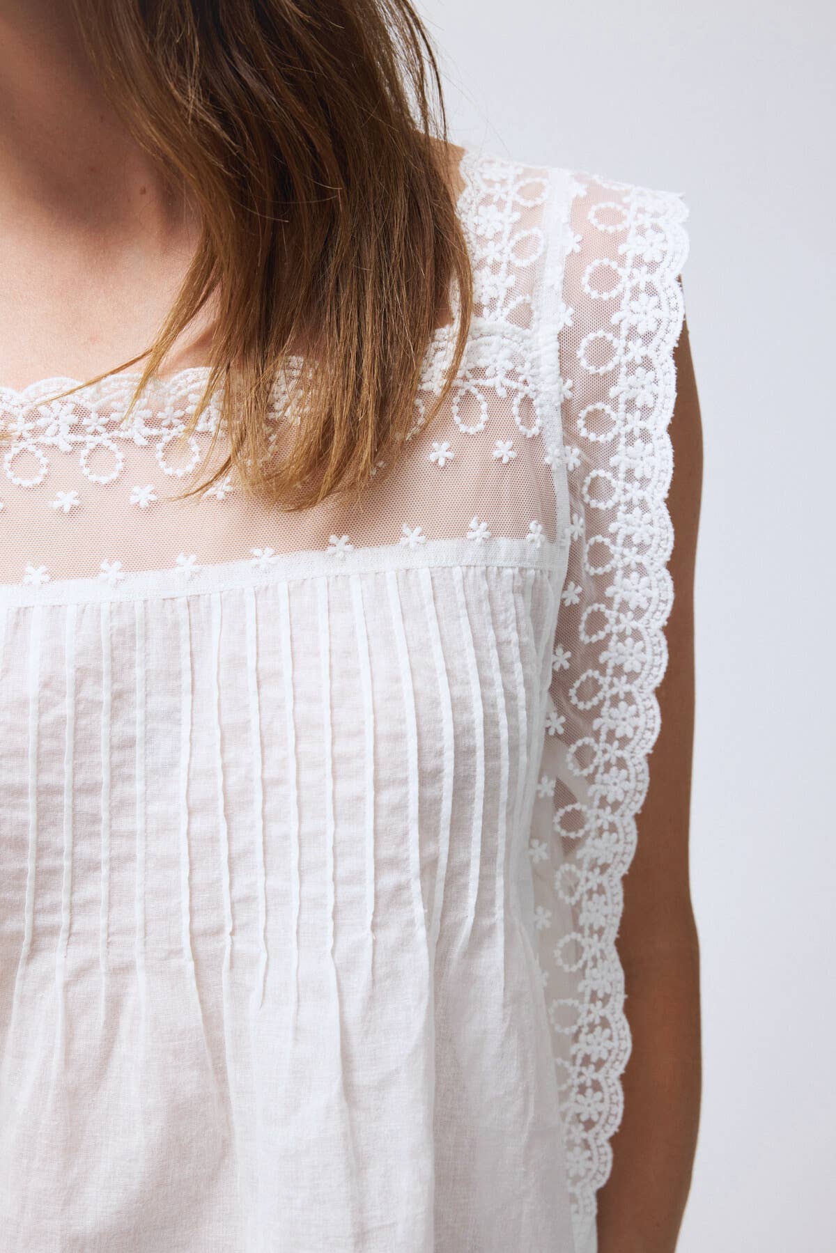 Embroidered Lace Self-Tie Sides Cotton Top