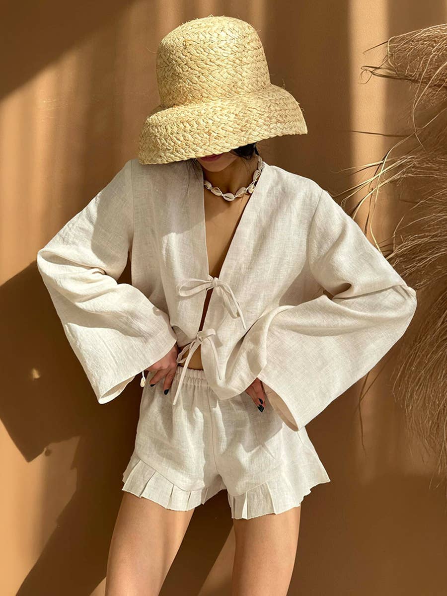 Summer Cotton Tie Cardigan Shorts Set N25Z404