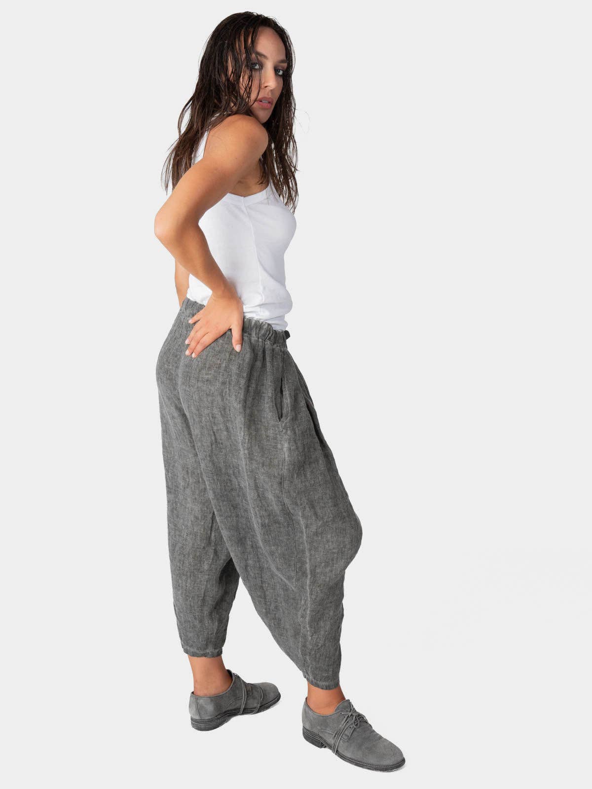 Stonewashed Linen Elastic Tie Waist Cropped Pants