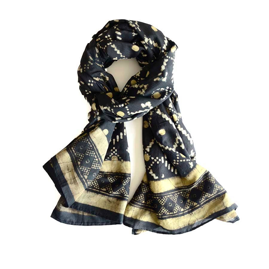 Women's Black Scarf - Geometric Block Printed Wrap | Mansa