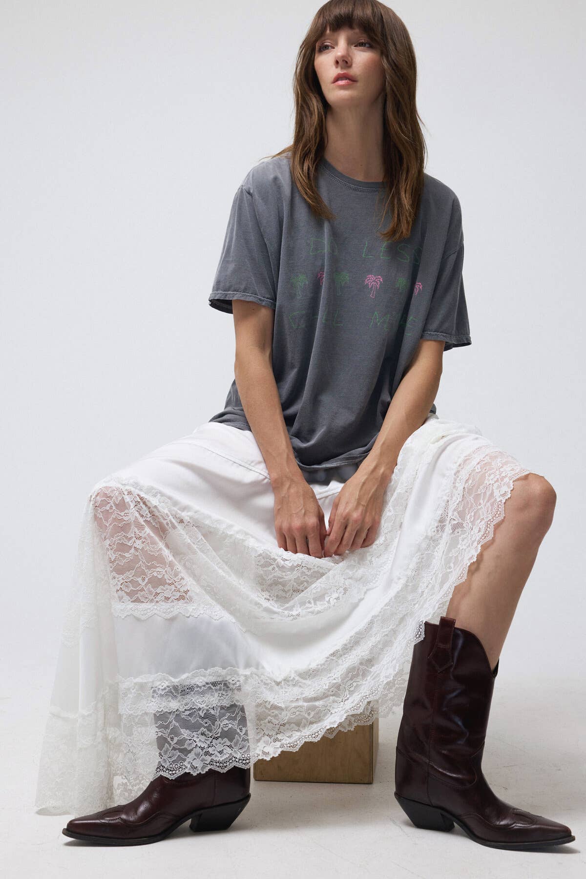 Lace Trim Asymmetrical Hem Satin Midi Skirt