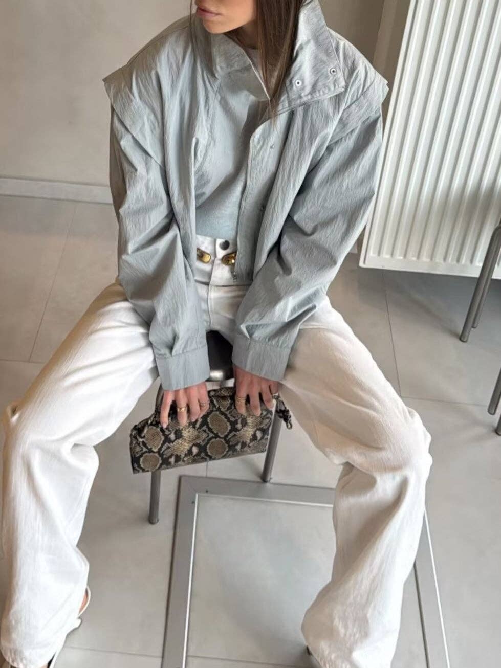 Zip Detail Long Sleeve Windbreaker Jacket Women N6D123