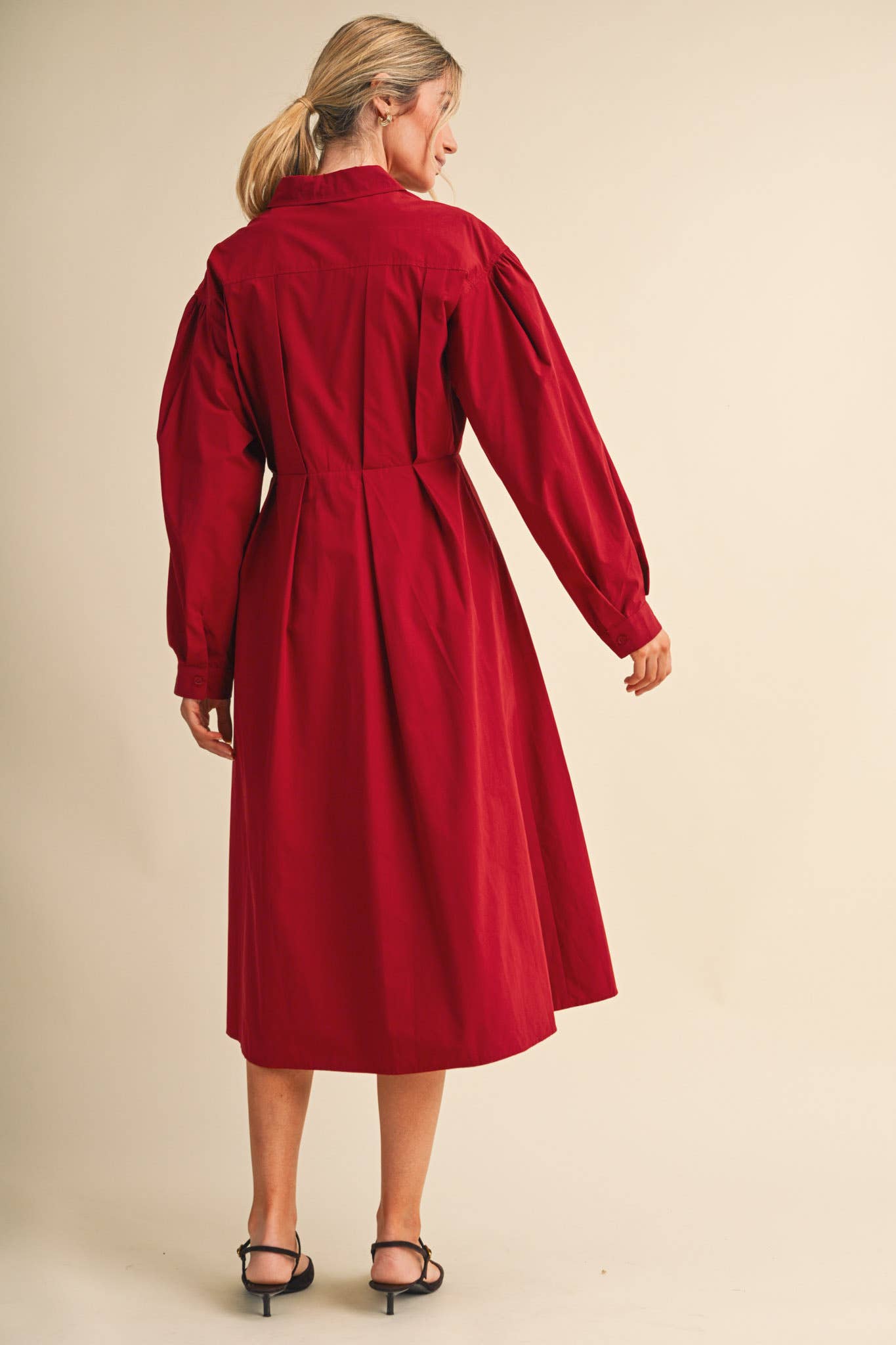 PLEATED WAIST BUTTON DOWN MIDI DRESS MDR5280