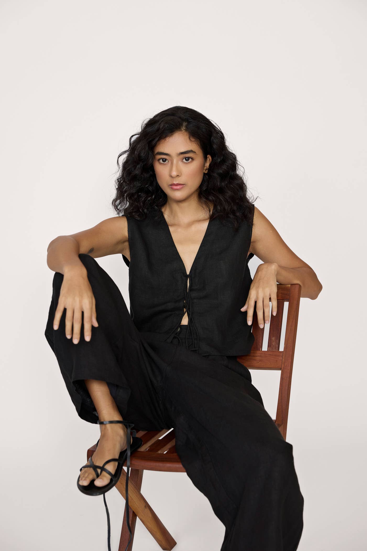 Tie Front Vest - Black Linen