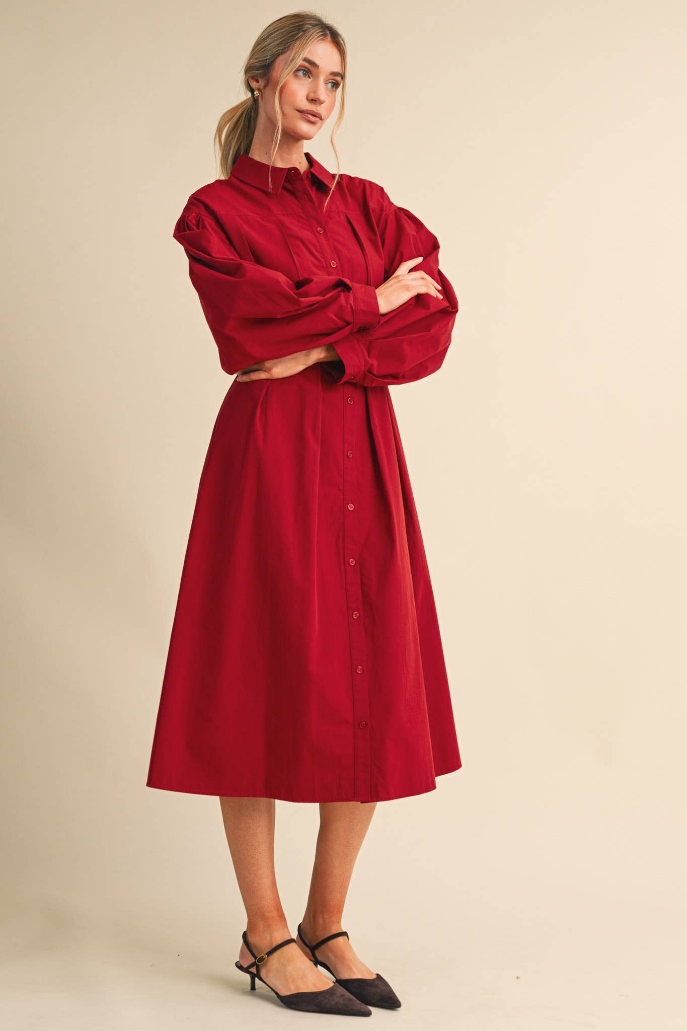 PLEATED WAIST BUTTON DOWN MIDI DRESS MDR5280