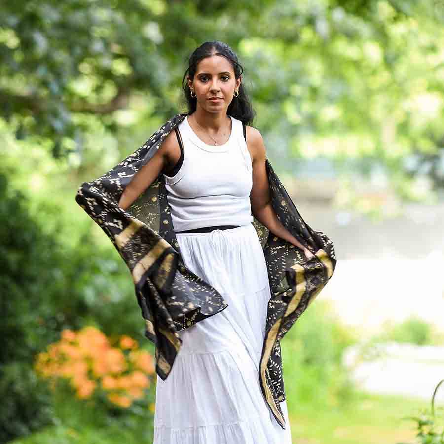 Women's Black Scarf - Geometric Block Printed Wrap | Mansa