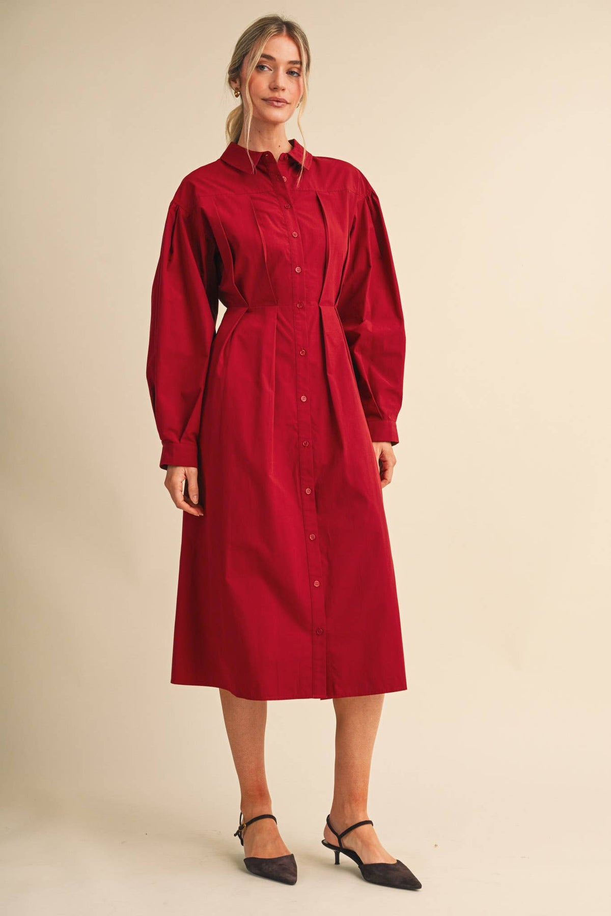 PLEATED WAIST BUTTON DOWN MIDI DRESS MDR5280