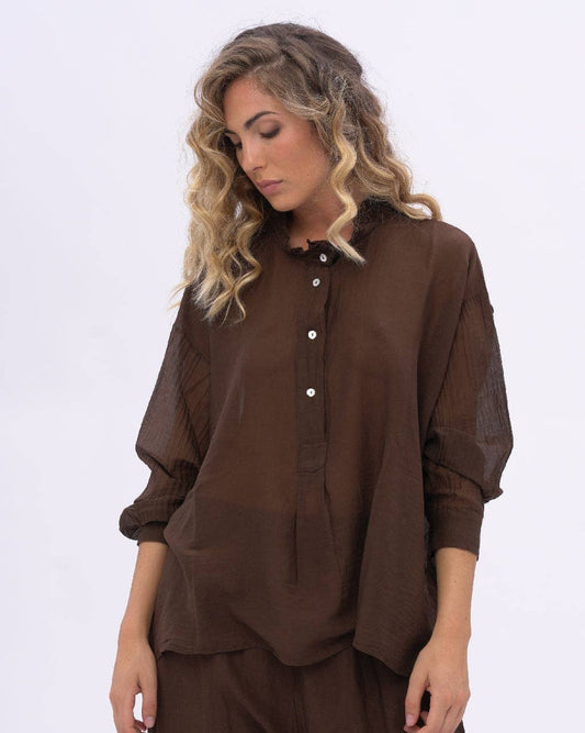 Cotton Ruffled Buttoned Neck Blouse