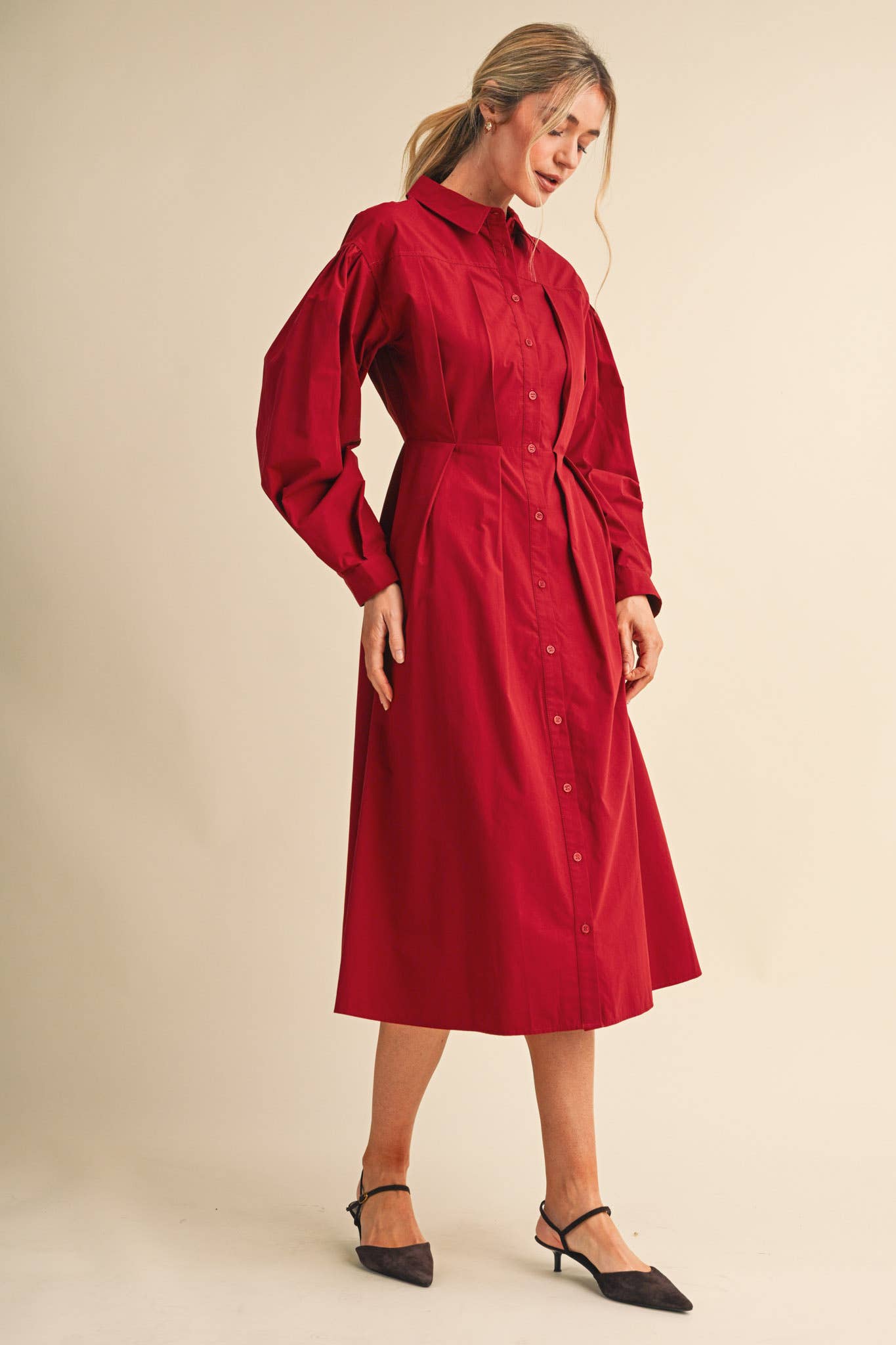 PLEATED WAIST BUTTON DOWN MIDI DRESS MDR5280