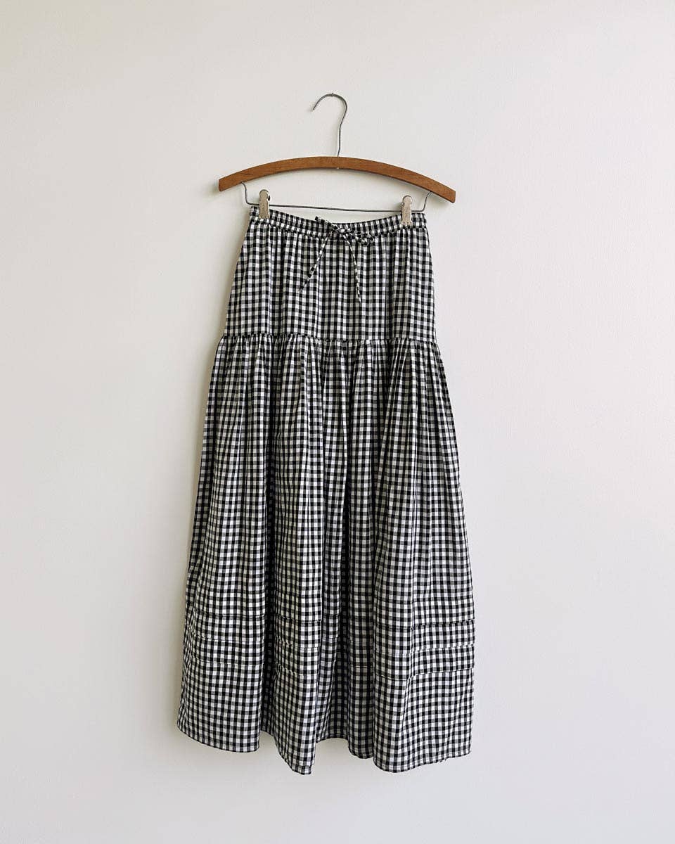 Black White Gingham Checkered Midi Skirt - Gardenne Skirt