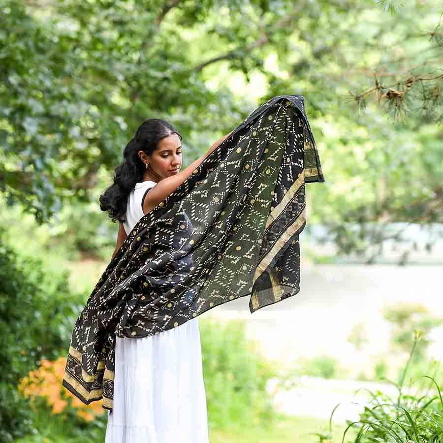 Women's Black Scarf - Geometric Block Printed Wrap | Mansa