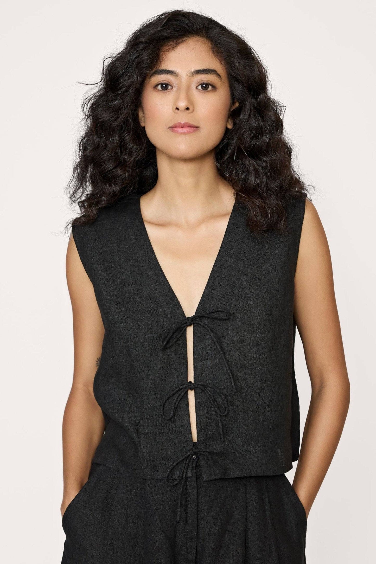 Tie Front Vest - Black Linen