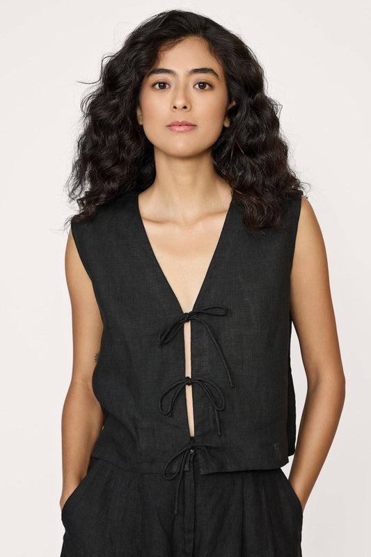 Tie Front Vest - Black Linen