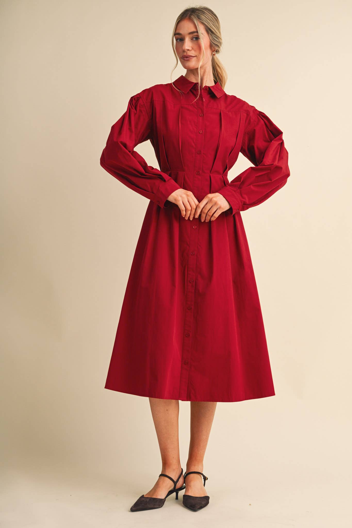 PLEATED WAIST BUTTON DOWN MIDI DRESS MDR5280