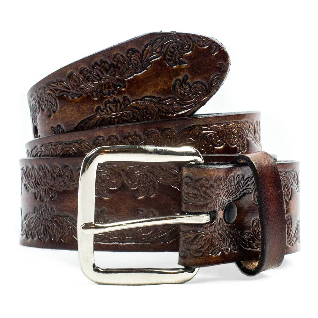 1 1/2" Full Grain Tooled  Leather Belt- Scroll Design