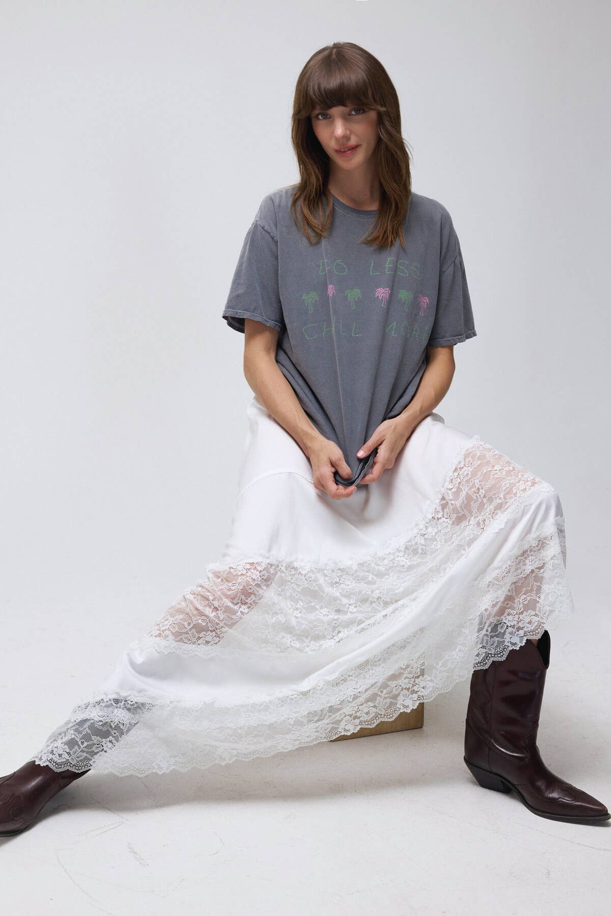 Lace Trim Asymmetrical Hem Satin Midi Skirt