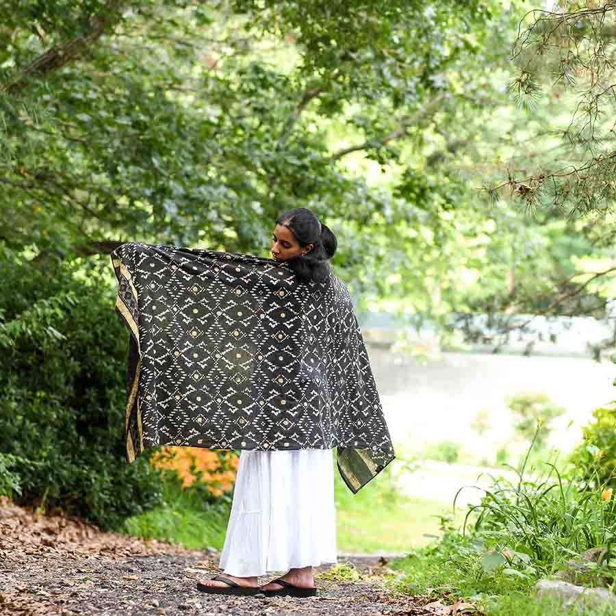 Women's Black Scarf - Geometric Block Printed Wrap | Mansa