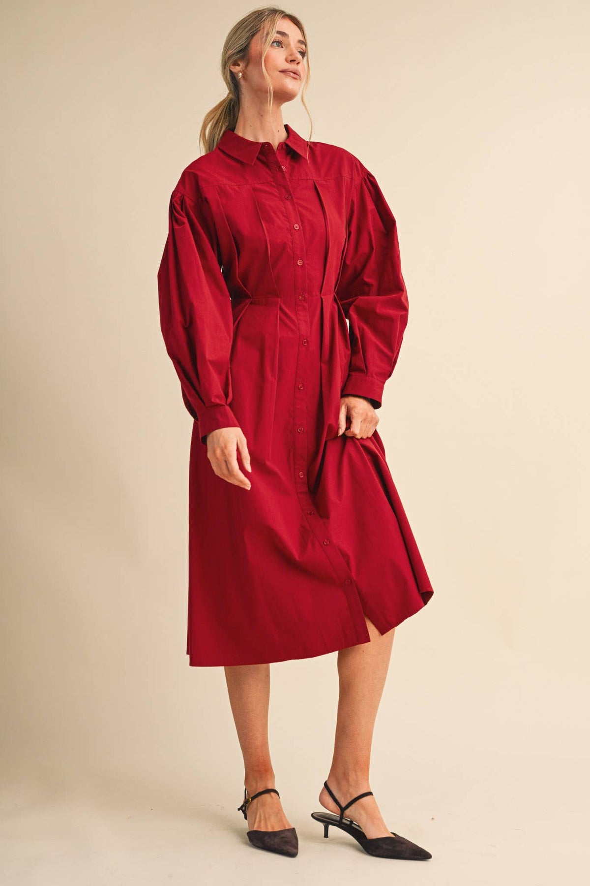 PLEATED WAIST BUTTON DOWN MIDI DRESS MDR5280