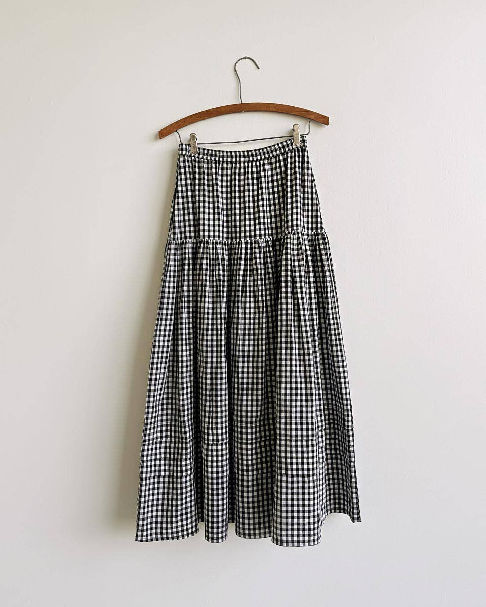Black White Gingham Checkered Midi Skirt - Gardenne Skirt