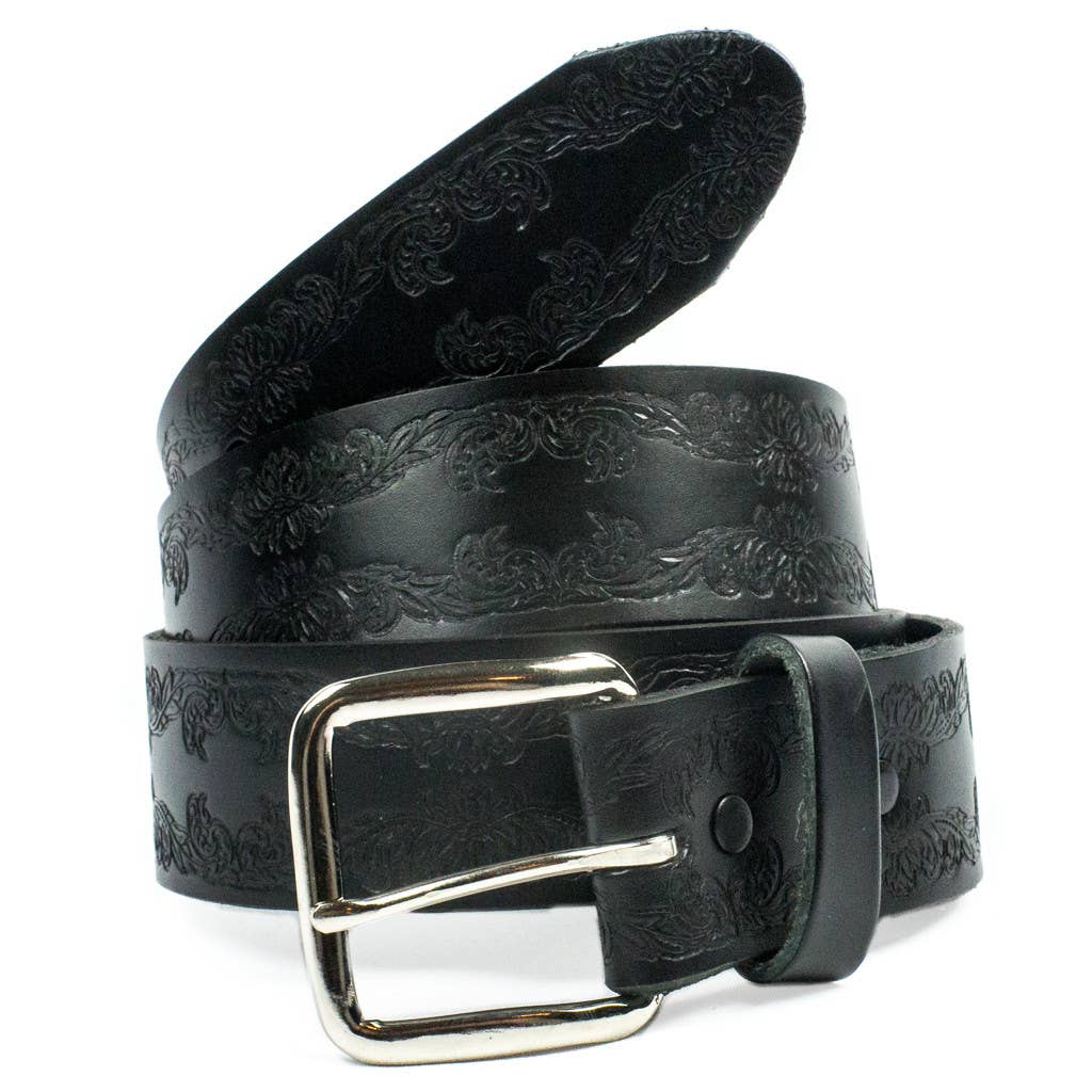 1 1/2" Full Grain Tooled  Leather Belt- Scroll Design
