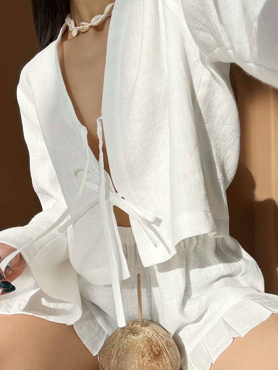 Summer Cotton Tie Cardigan Shorts Set N25Z404