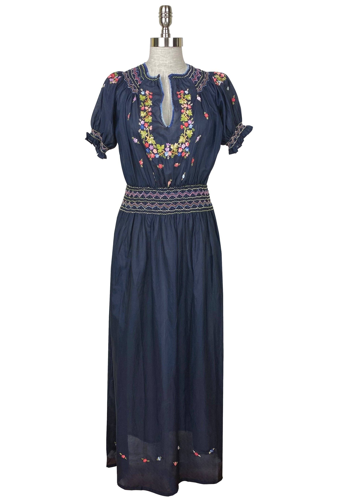 Vintage 1930's Style Embroidered Bohemian Maxi Dress - Navy