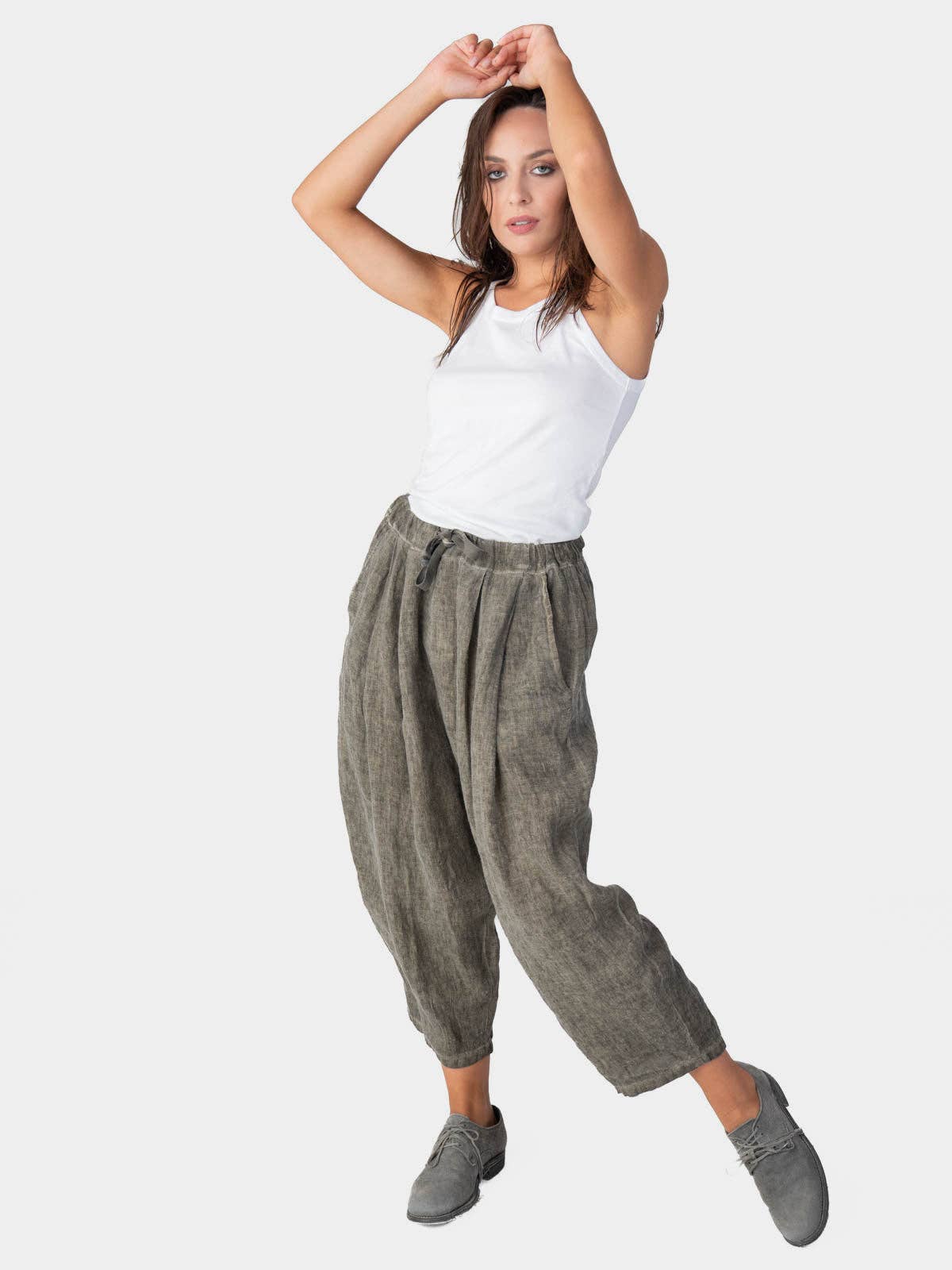 Stonewashed Linen Elastic Tie Waist Cropped Pants