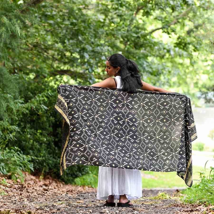 Women's Black Scarf - Geometric Block Printed Wrap | Mansa