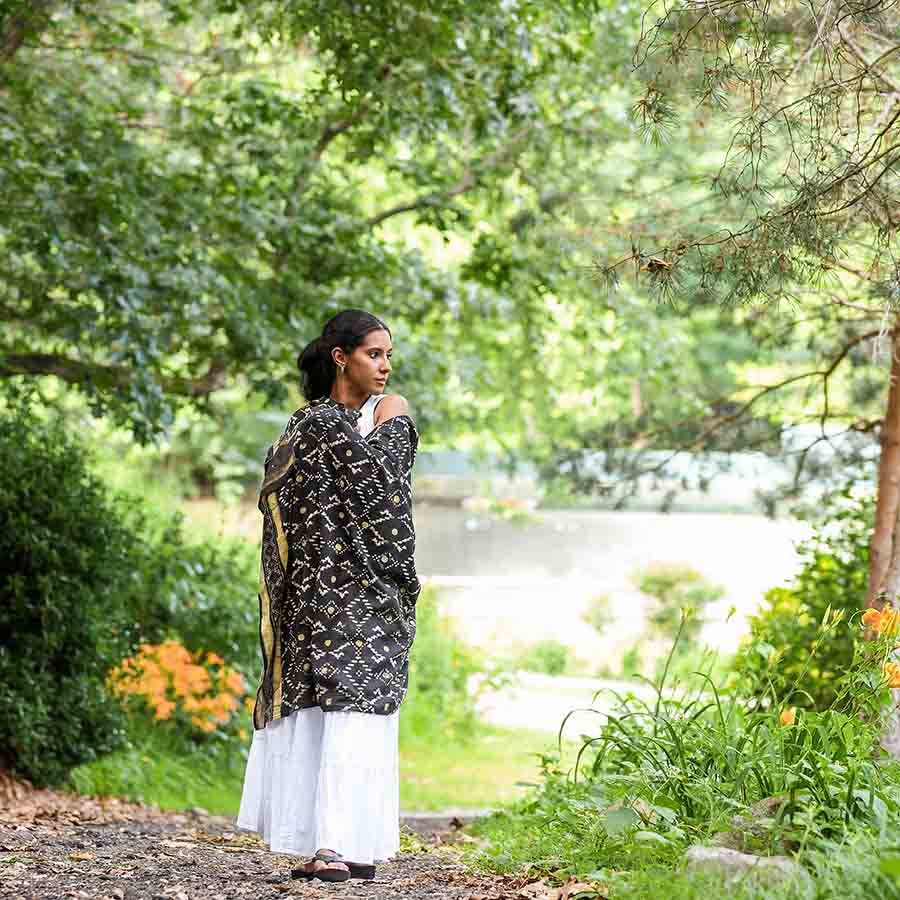Women's Black Scarf - Geometric Block Printed Wrap | Mansa