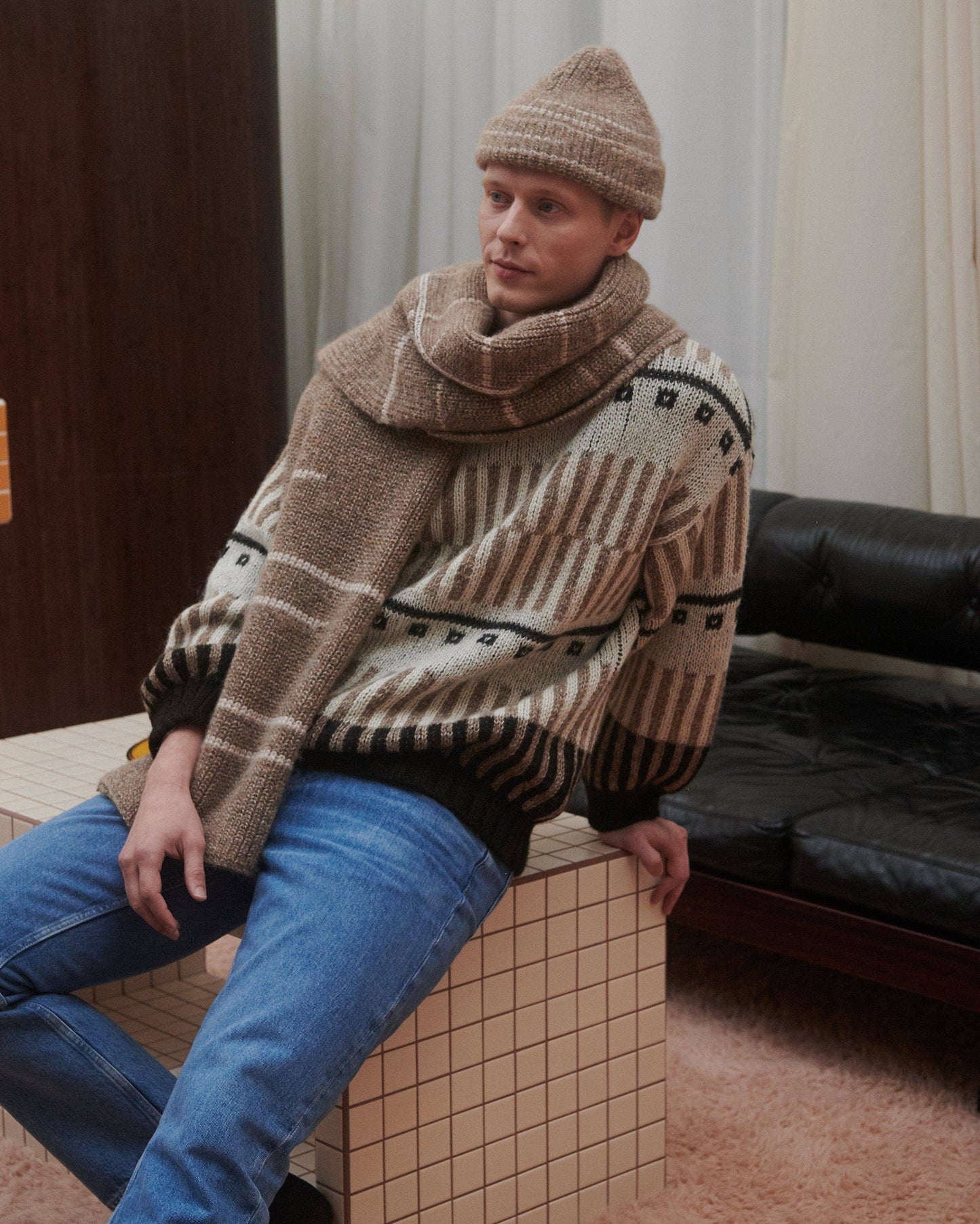 Raštų: Buckwheat & Off White Alpaca Wool Beanie