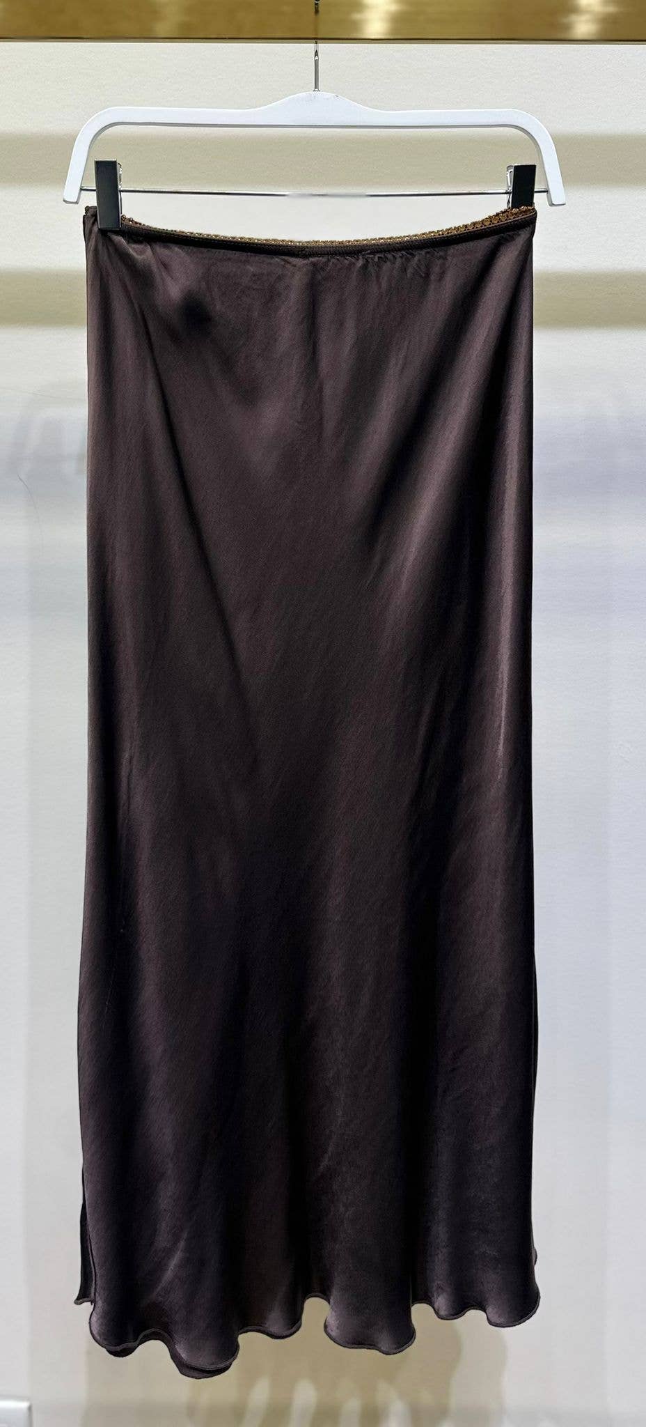 SILKY SLIP SKIRT WITH LACE ELASTIC WAISTBAND