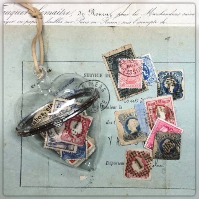 Ephemera Filed Glass Heart with Cord Hanger