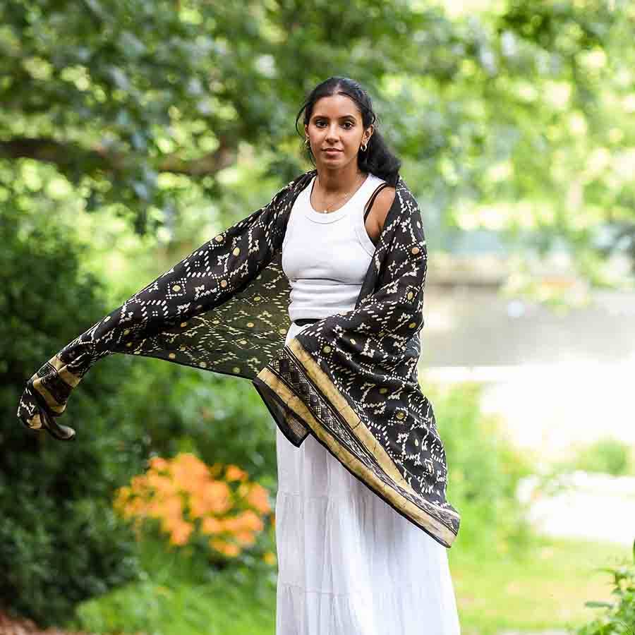 Women's Black Scarf - Geometric Block Printed Wrap | Mansa