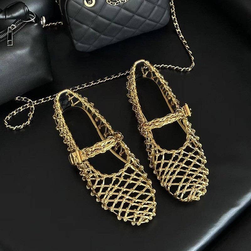Open Weave T-Strap Mary Jane Flat Sandals Women N6C142