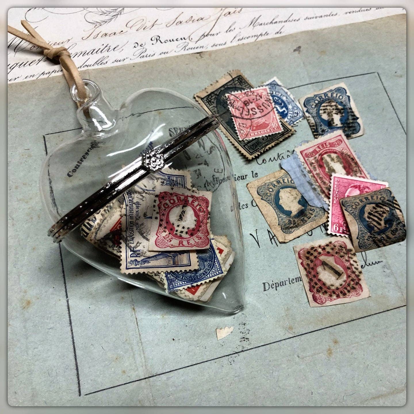 Ephemera Filed Glass Heart with Cord Hanger