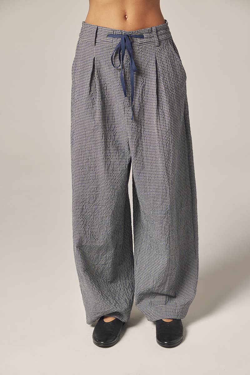 Plaid drawstring wide pants
