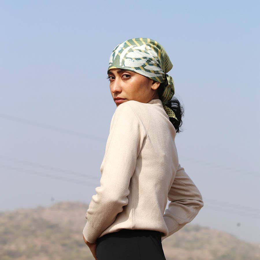 Green Square Plant Block Print Bandana, Hair Tie | Heer