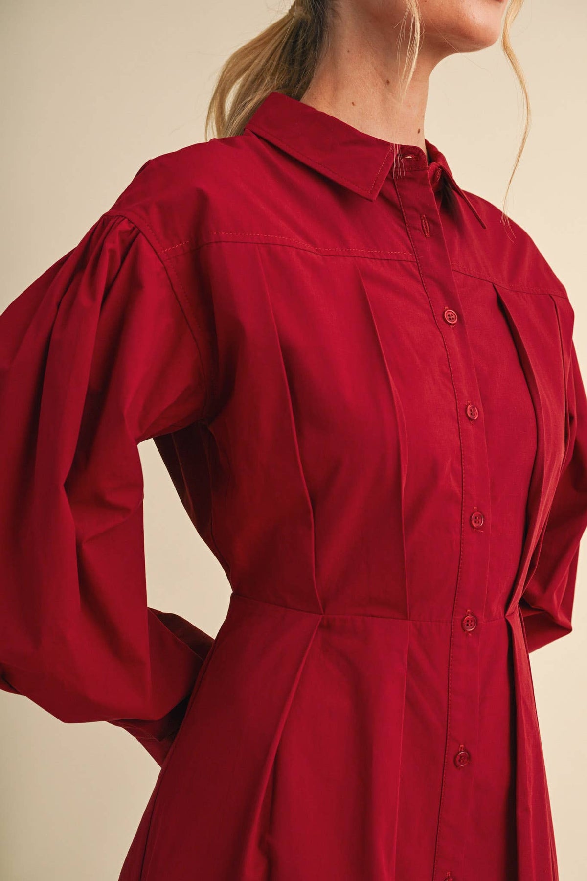 PLEATED WAIST BUTTON DOWN MIDI DRESS MDR5280